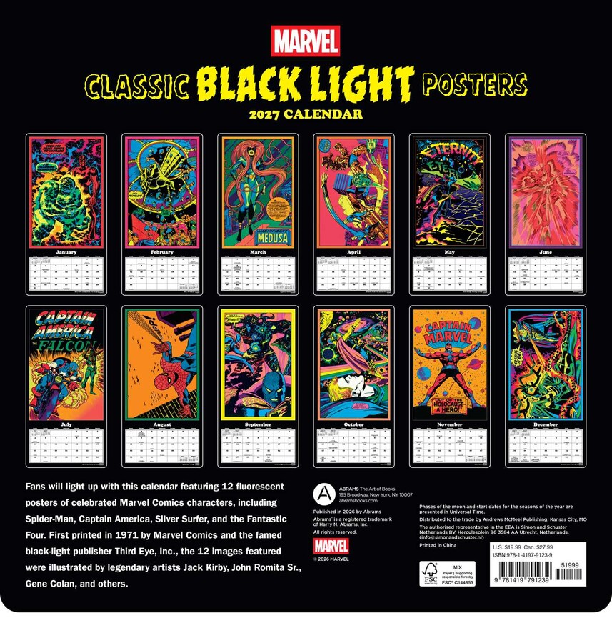 Marvel Classic Black Light Posters 2027 Wall Calendar: 12 Original Images from 1