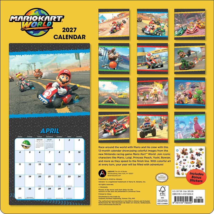 Mario Kart World 2027 Wall Calendar with Bonus Stickers