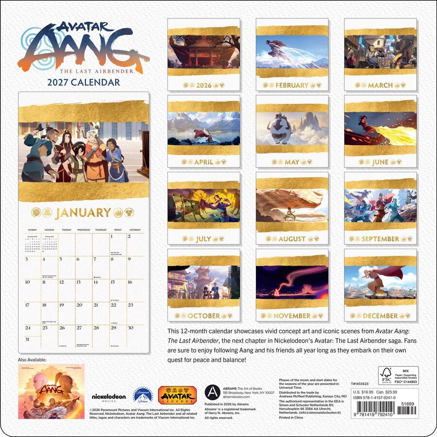Avatar Aang: The Last Airbender 2027 Wall Calendar
