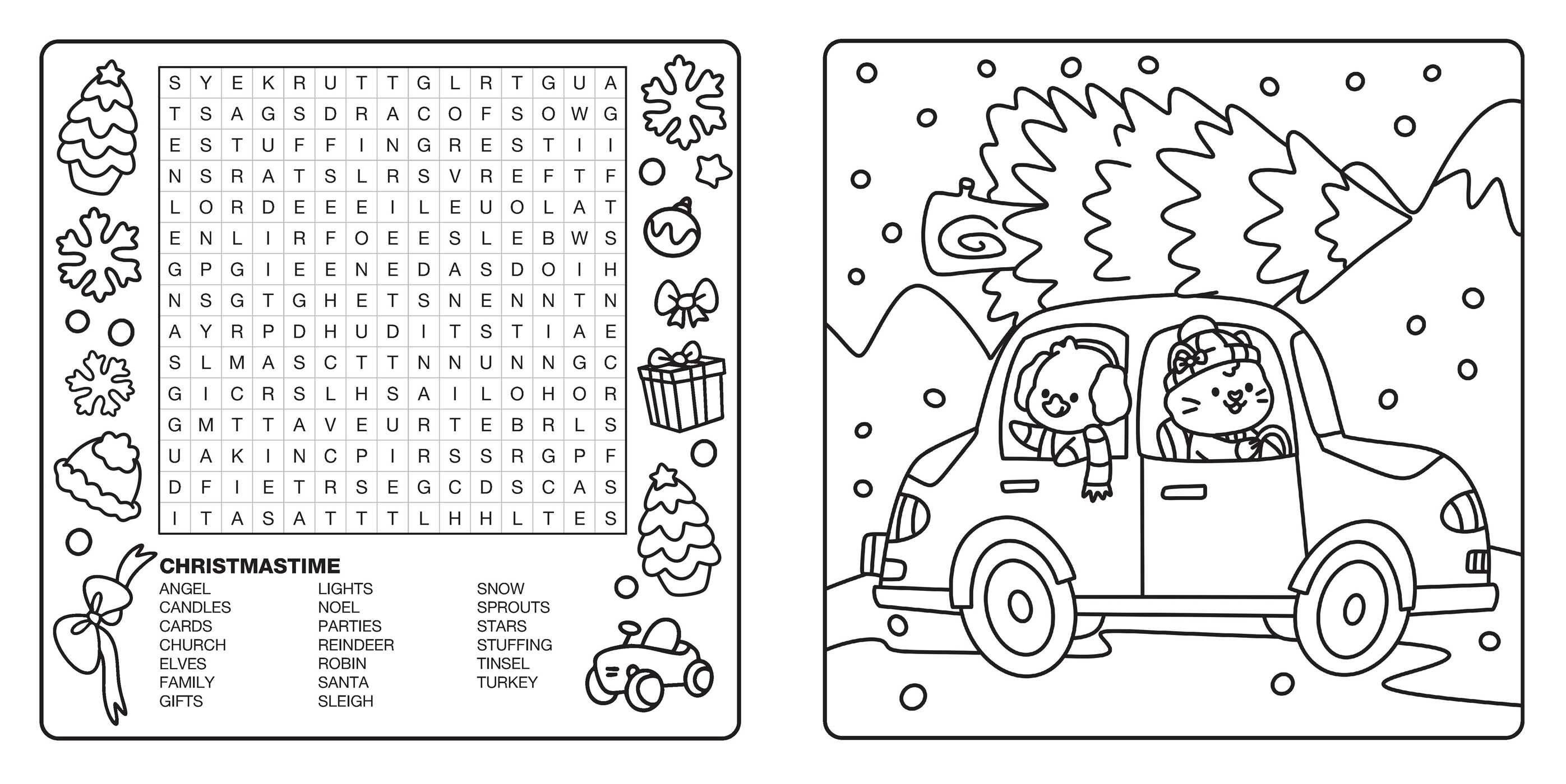 Bright Cuties: Christmas Cozy Coloring & Word Search Book