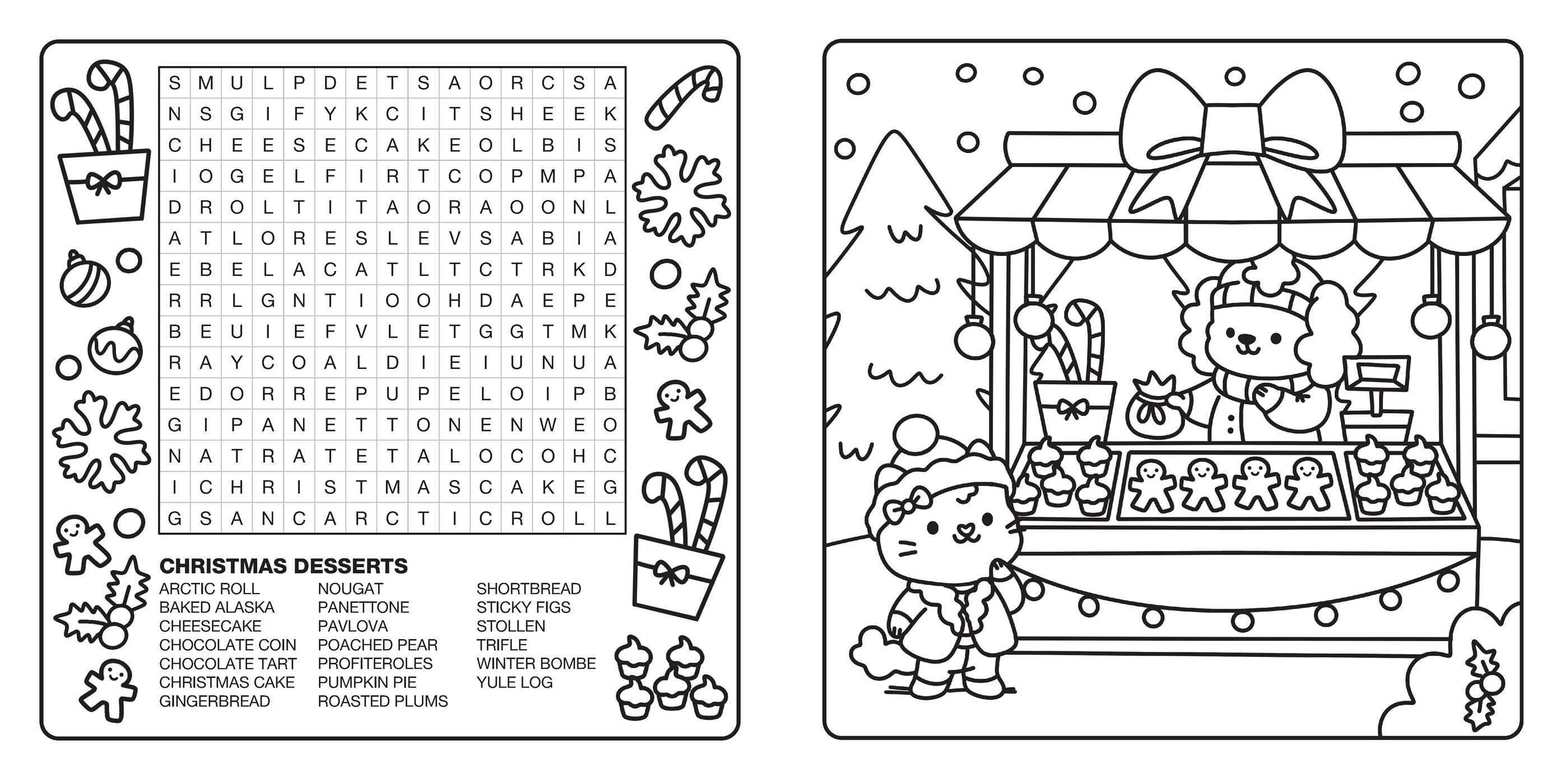 Bright Cuties: Christmas Cozy Coloring & Word Search Book