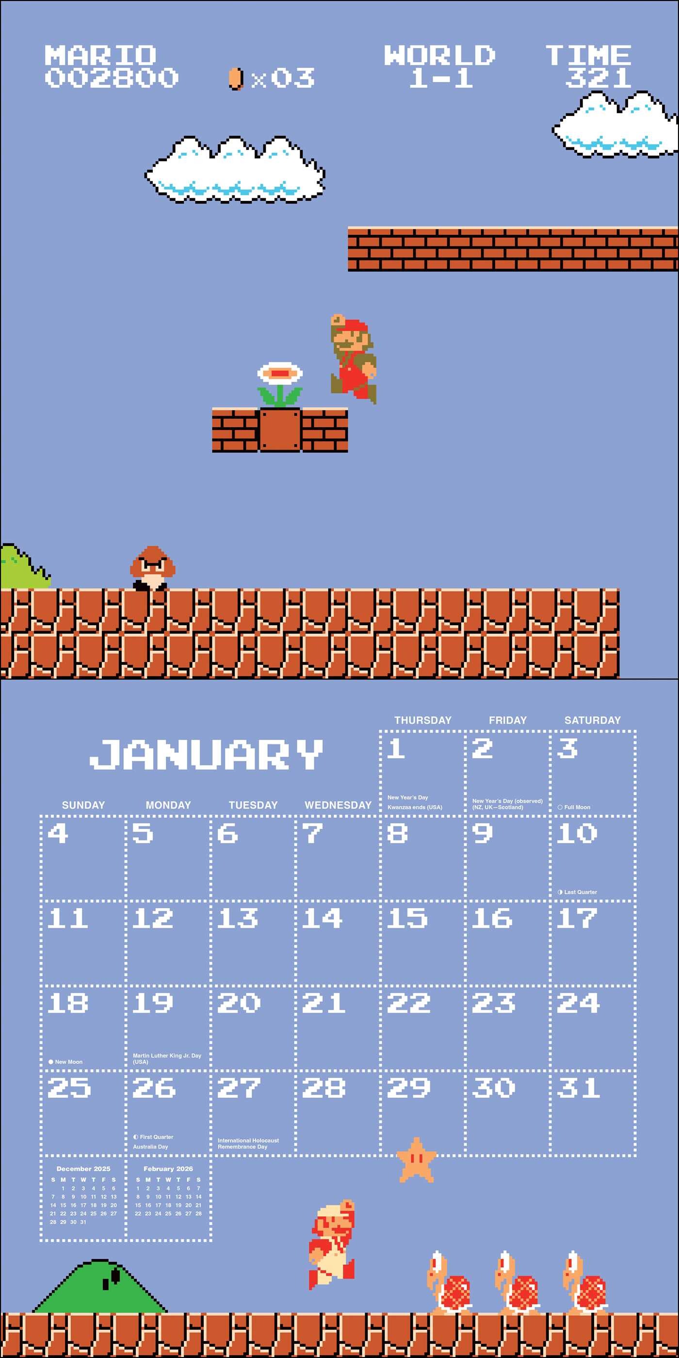 Super Mario Bros. 8Bit Retro 2026 Wall Calendar with Bonus Diecut