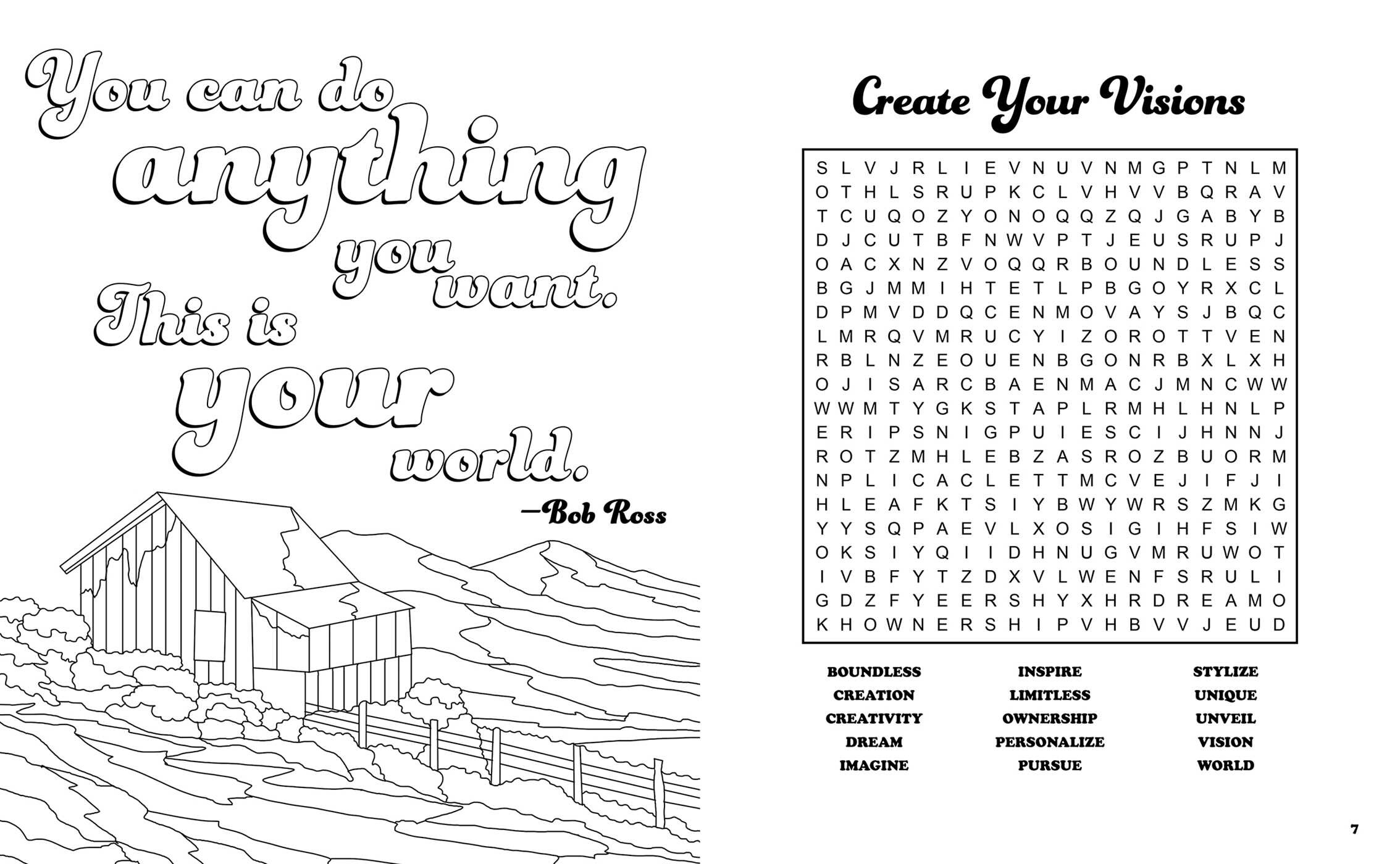 Bob Ross Happy Little Word Search, Quips, Quotes and Coloring Book