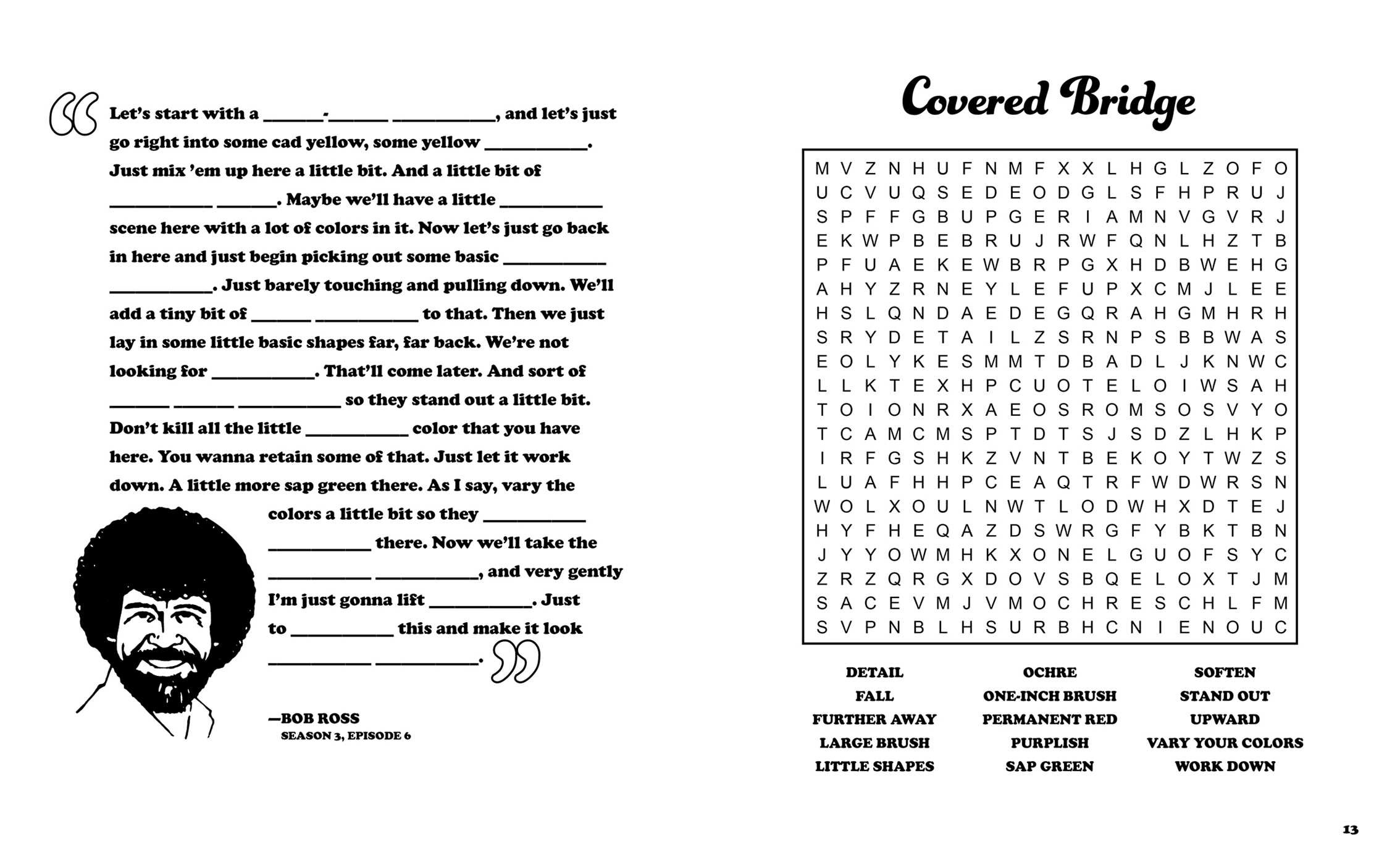 Bob Ross Happy Little Word Search, Quips, Quotes and Coloring Book