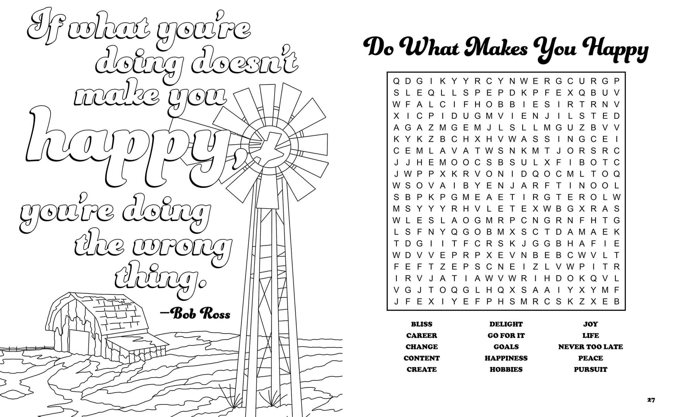 Bob Ross Happy Little Word Search, Quips, Quotes and Coloring Book