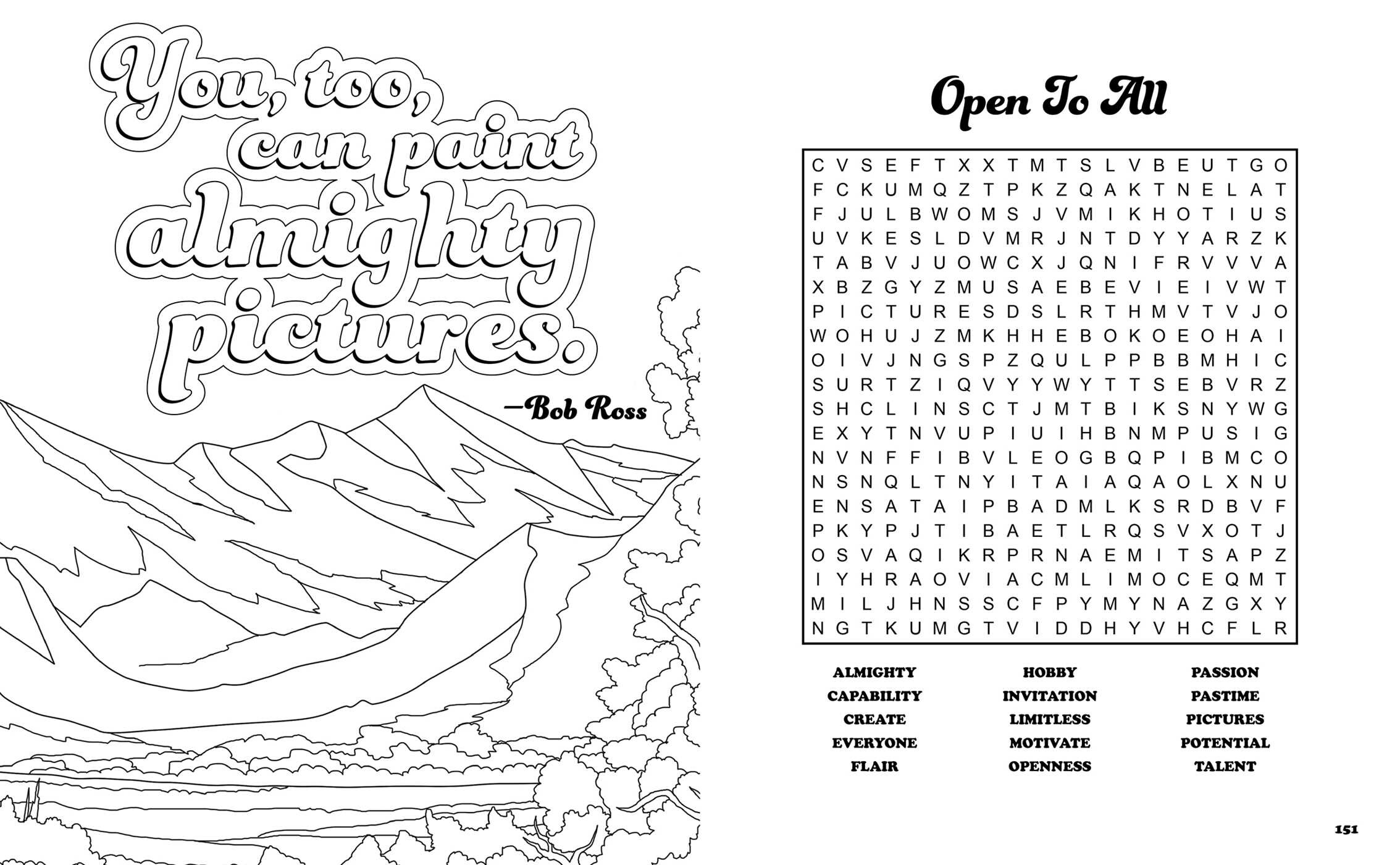 Bob Ross Happy Little Word Search, Quips, Quotes and Coloring Book