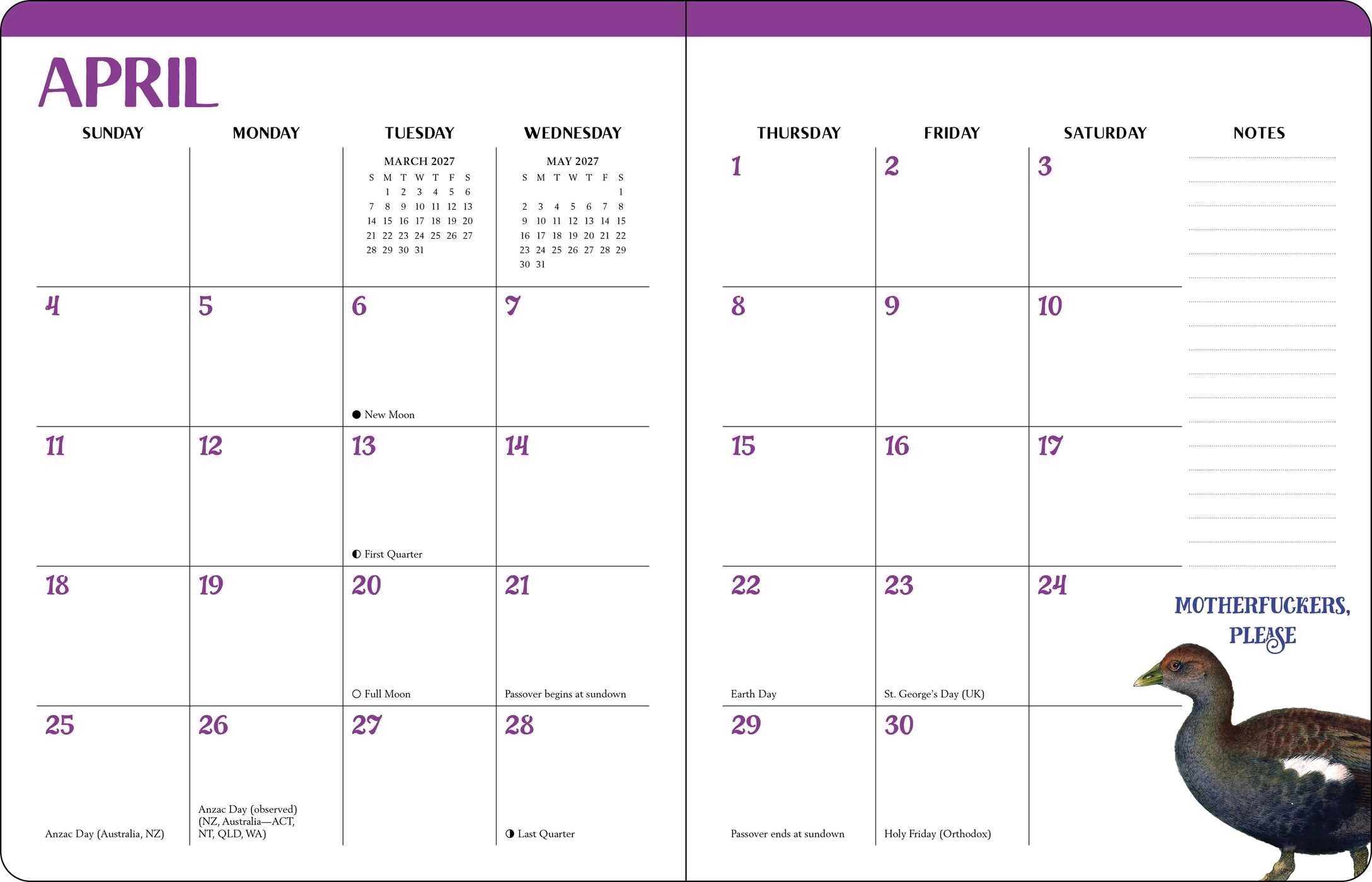 Effin' Birds 2027 Monthly/Weekly Planner Calendar