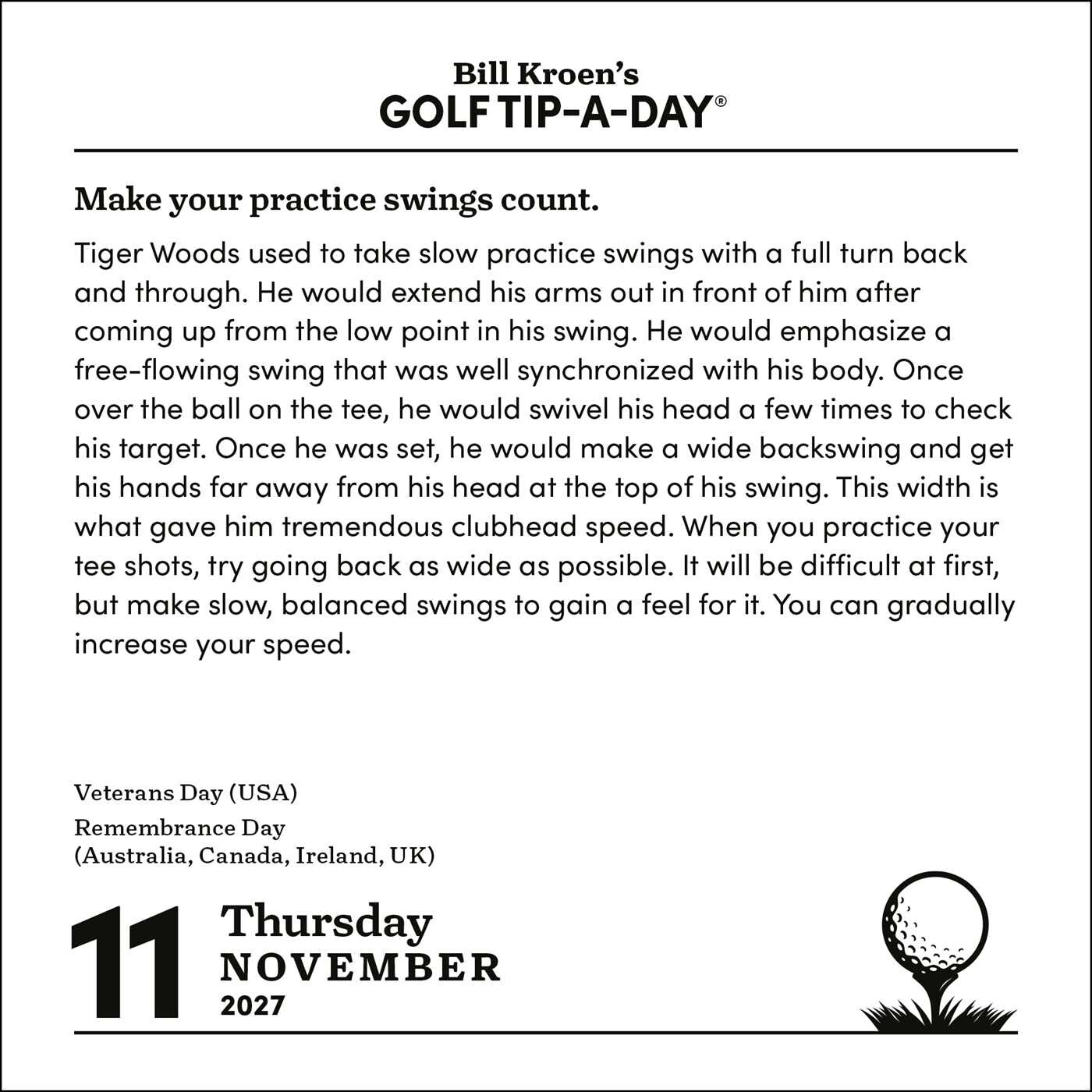 Bill Kroen's Golf Tip-A-Day 2027 Day-to-Day Calendar