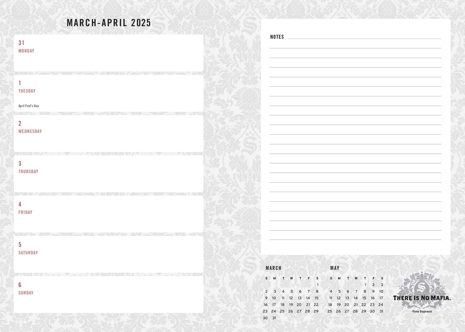 2025 The Sopranos 13-Month Weekly Planner